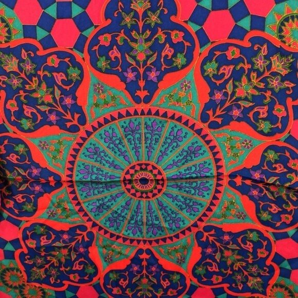 Large Silk Scarf Pink Blue Geometric Medallion Print Square Shawl Wrap - Picture 5 of 7